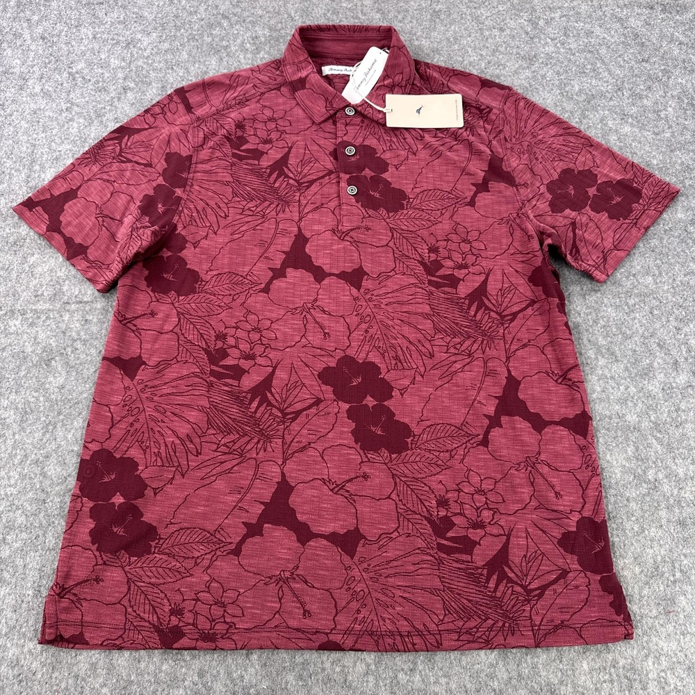 Tommy Bahama Polo Shirt Mens Large Maroon Berry Sport Miramar Blooms Floral Golf